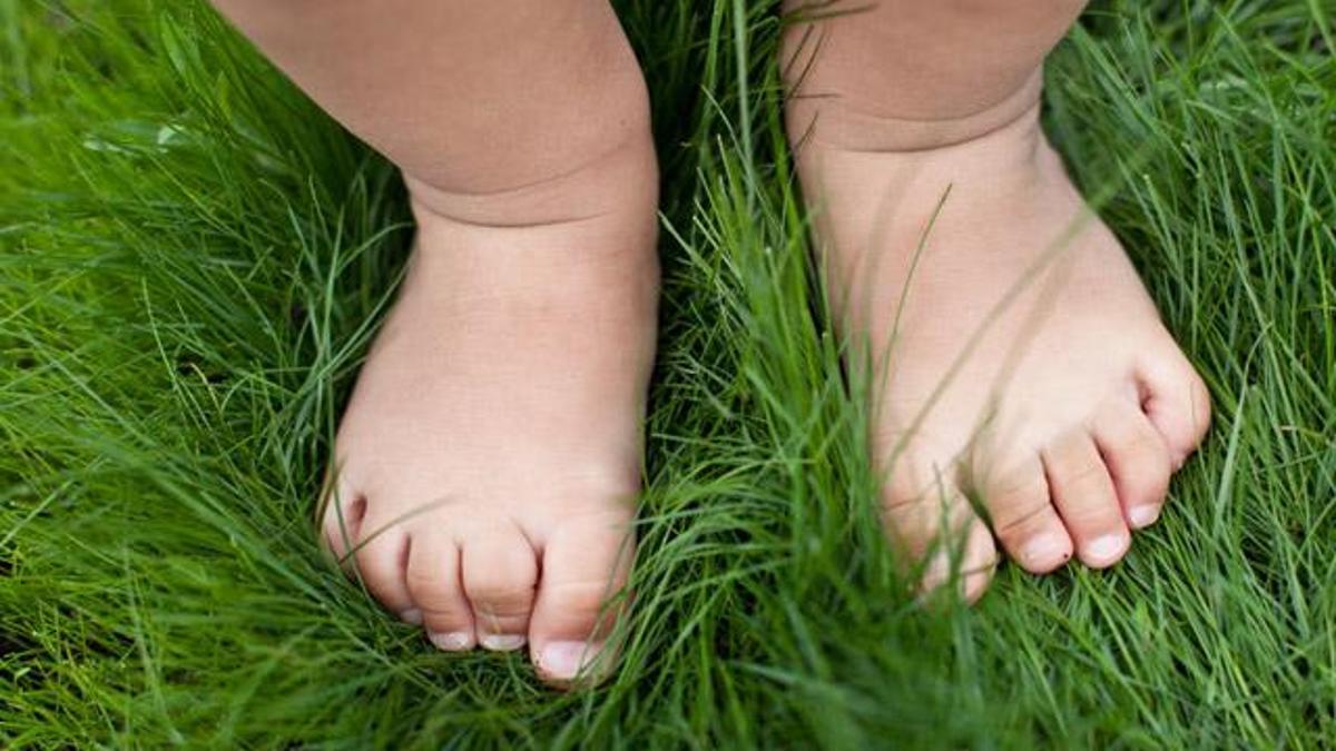 Foot tongue. Детские ноги на траве. Хождение босиком. Детские ступни ног.