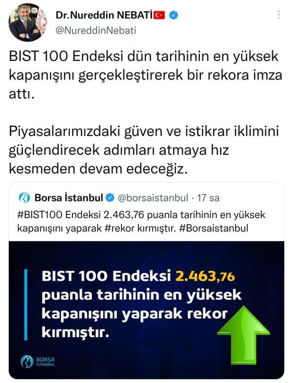 Bakan Nebatiden Borsa İstanbul paylaşımı