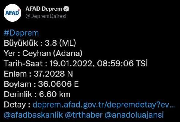 Adanada 3.8 büyüklüğünde deprem