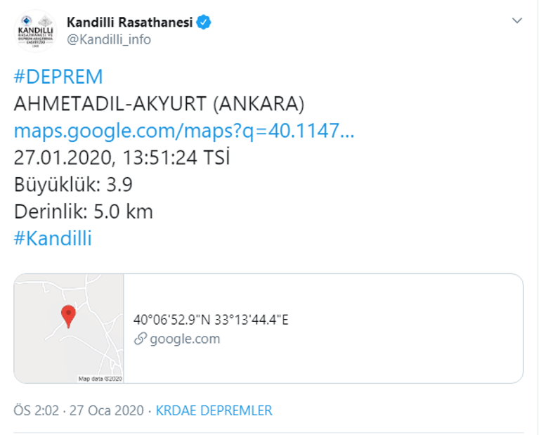Son dakika... Ankarada 3,9 büyüklüğünde deprem
