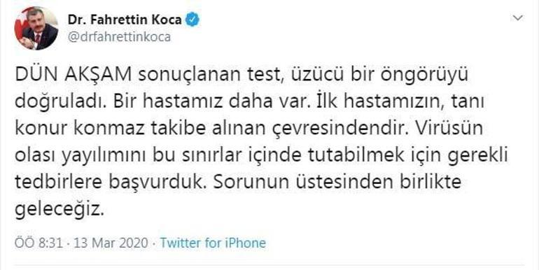 Son dakika haberleri | Bakan Koca açıkladı: Türkiyede ikinci corona virüs vakası...