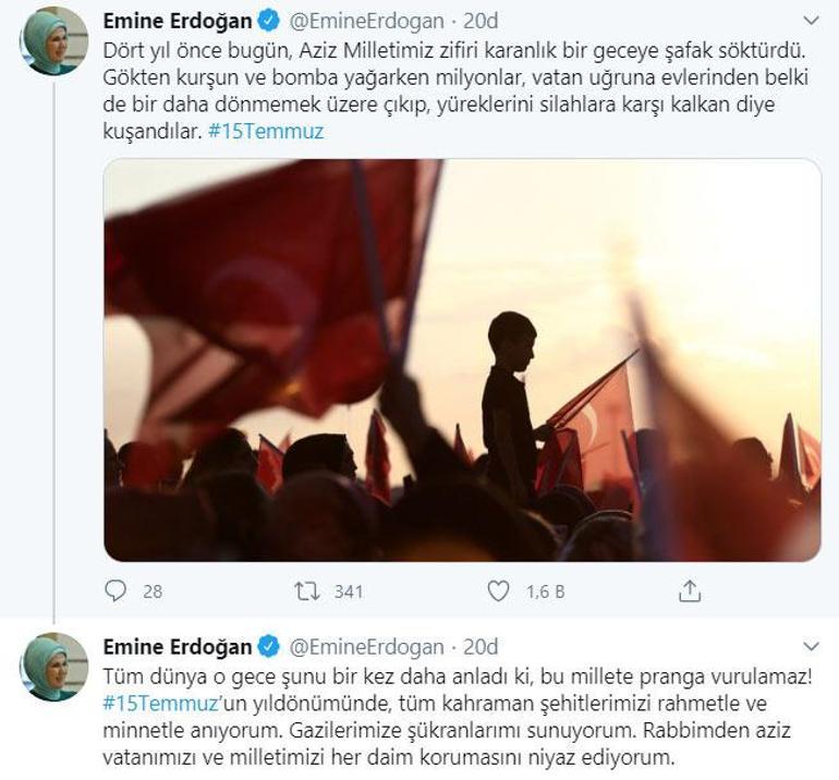 Emine Erdoğandan 15 Temmuz paylaşımı