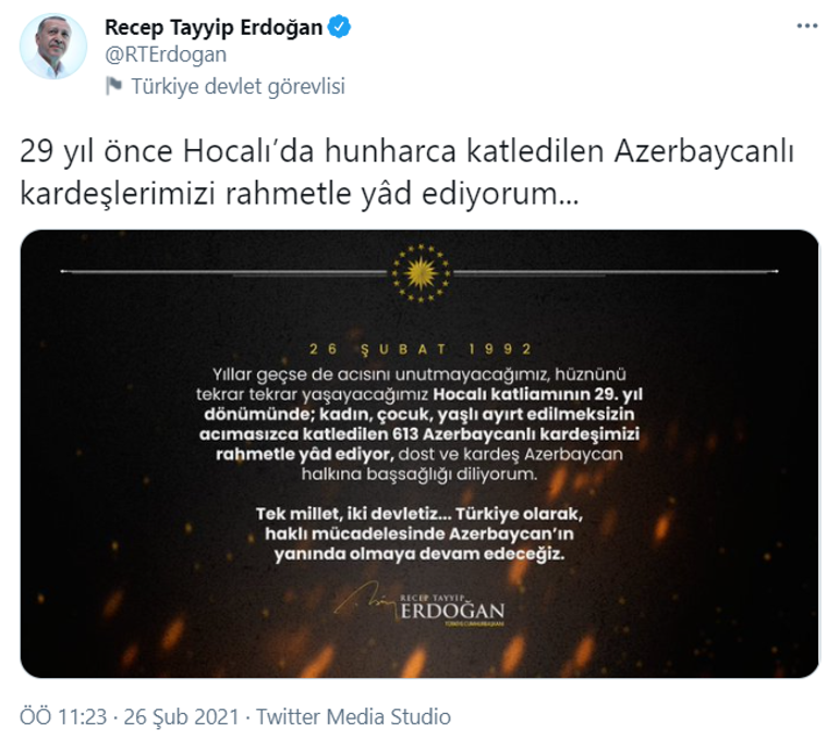 Cumhurbaşkanı Erdoğandan Hocalı Katliamı mesajı
