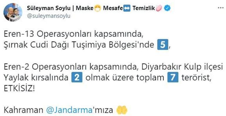 Son dakika... Bakan Soylu duyurdu Şırnak ve Diyarbakırda 7 terörist etkisiz hale getirildi