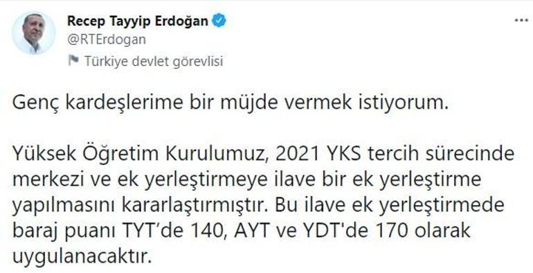 Son dakika haberler: Cumhurbaşkanı Erdoğandan gençlere müjde YKS tercih barajı düştü