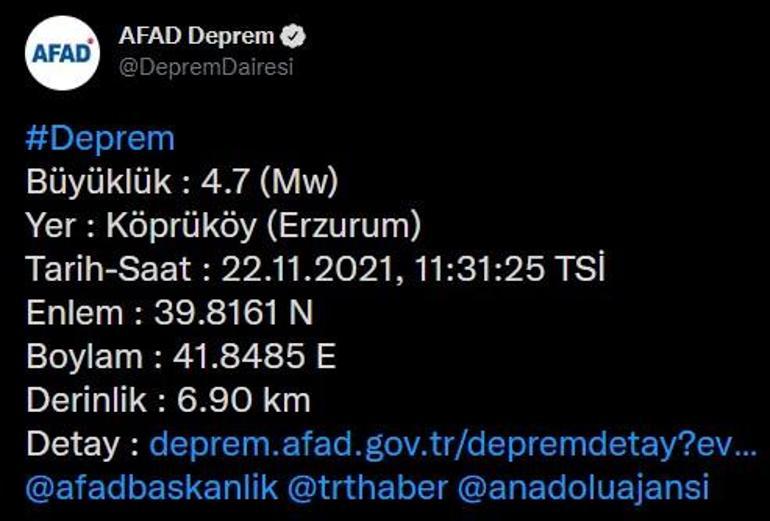 Son dakika... Erzurumda 4.7 büyüklüğünde deprem