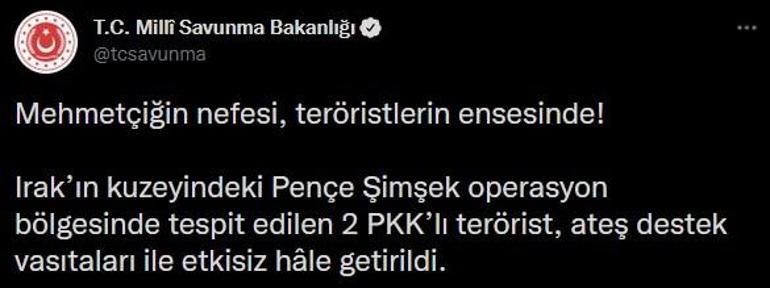 Pençe Şimşek bölgesinde 2 PKKlı terörist etkisiz hale getirildi