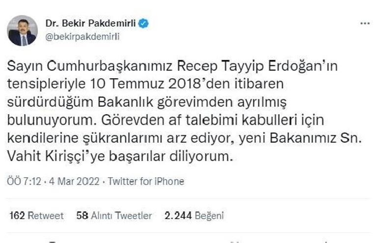 Görevden ayrılan Pakdemirliden Cumhurbaşkanı Erdoğana teşekkür