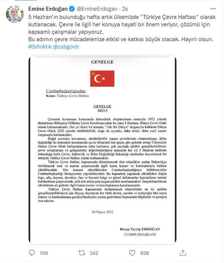 Emine Erdoğandan Türkiye Çevre Haftası paylaşımı