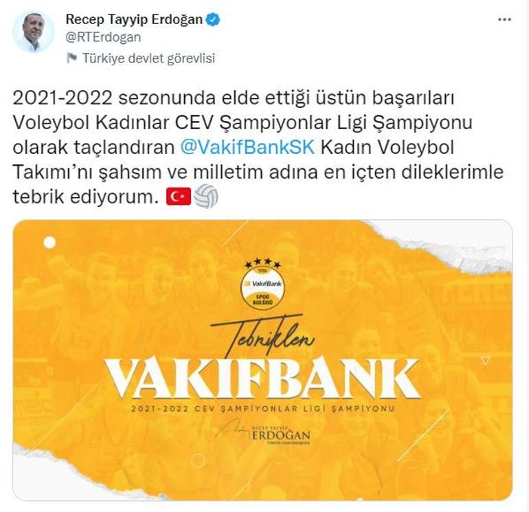 Cumhurbaşkanı Erdoğandan şampiyon Vakıfbanka tebrik telefonu