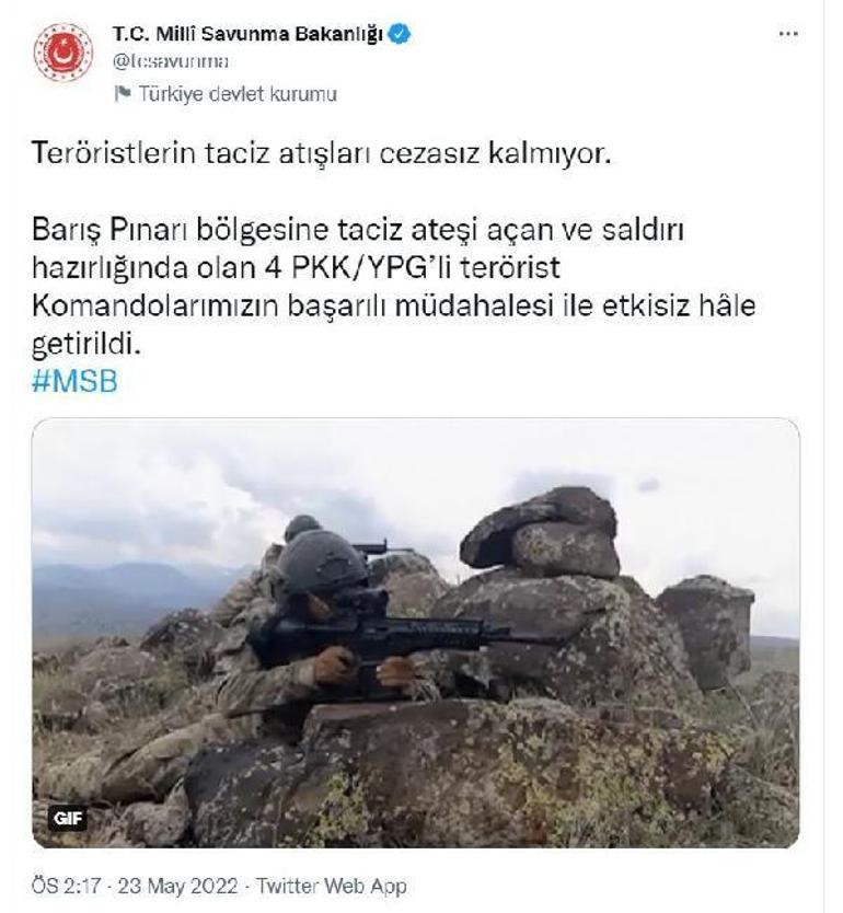 MSB duyurdu: Barış Pınarı bölgesinde 4 terörist etkisiz hale getirildi