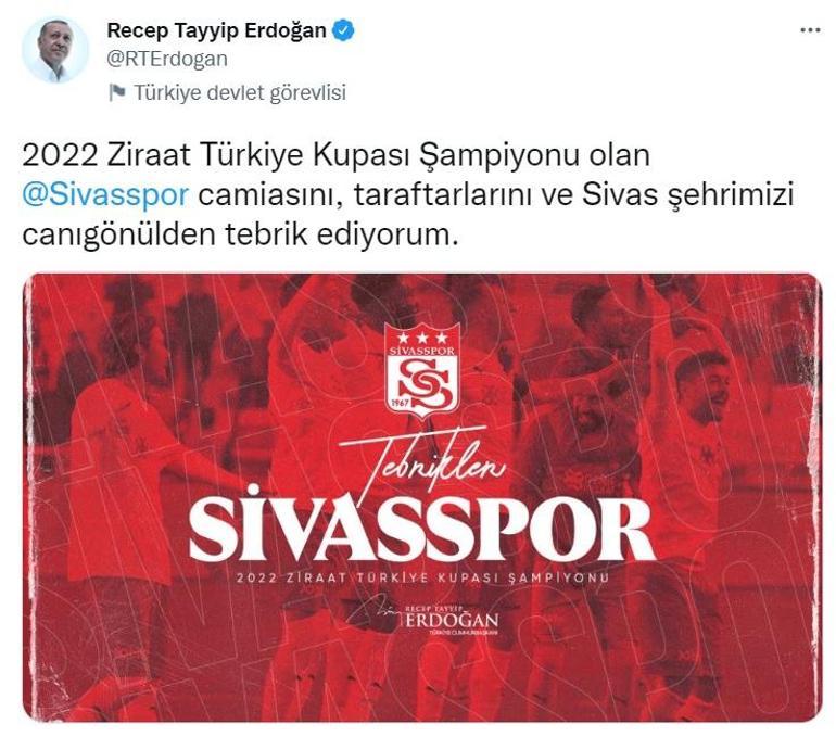 Cumhurbaşkanı Erdoğan Ziraat Türkiye Kupası şampiyonu Sivassporu tebrik etti
