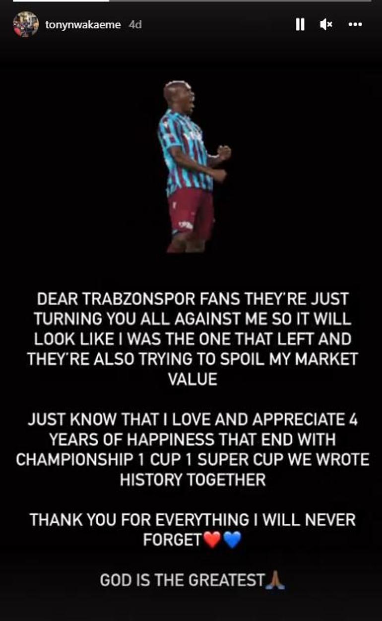 Anthony Nwakaeme Trabzonspora veda etti Sert sözler