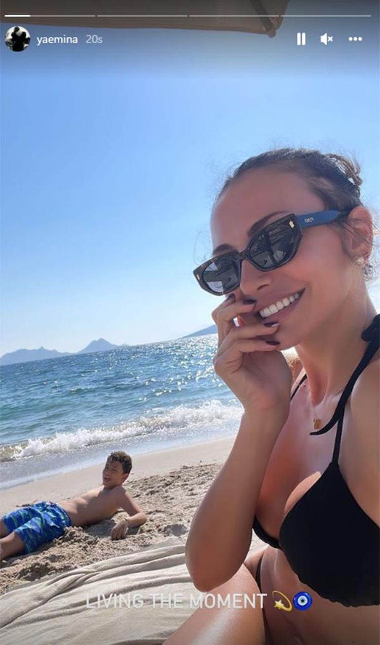 Emina Jahovic küçük oğlu Yavuzla tatilde Telefonu elinden düşürmedi