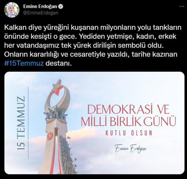 haberler Emine Erdoğandan 15 Temmuz paylaşımı: Tarihe kazınan destan