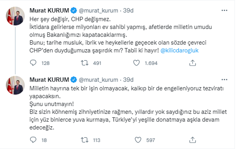 Bakan Kurumdan Kılıçdaroğluna yanıt: Türkiye’yi yeşille donatmaya aşkla devam edeceğiz