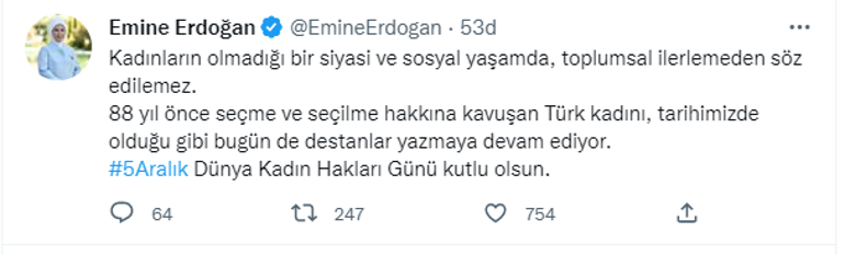 Emine Erdoğan’dan Kadın Hakları Günü mesajı